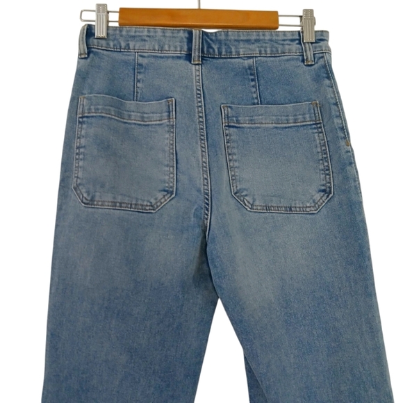 H&M Jeans Stylish Blue Denim Crop High Waist Ruched Pocket Braided Flared Size 6 - Picture 12 of 15